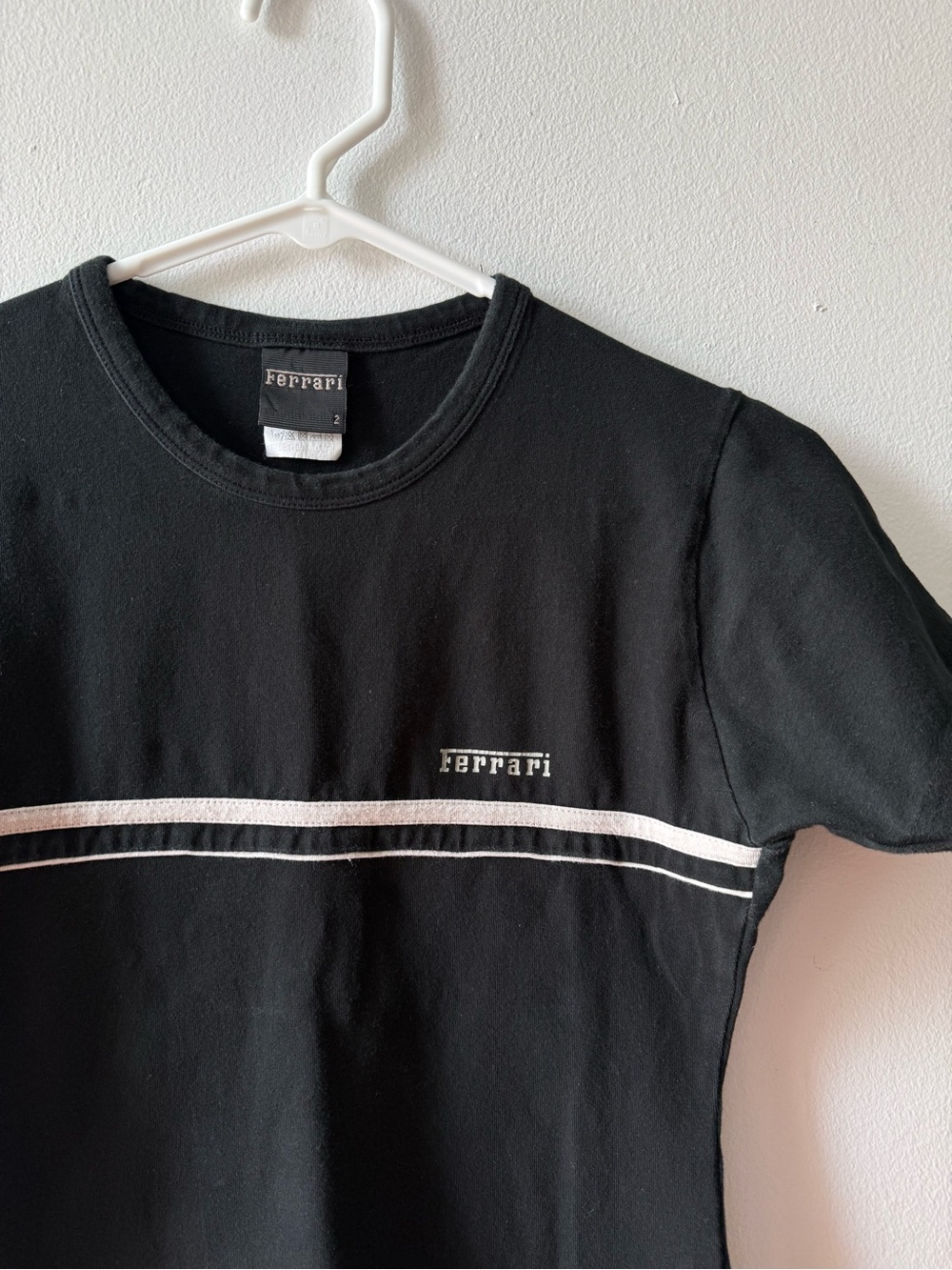 Ferrari  Black Crewneck T-Shirt with White Stripes